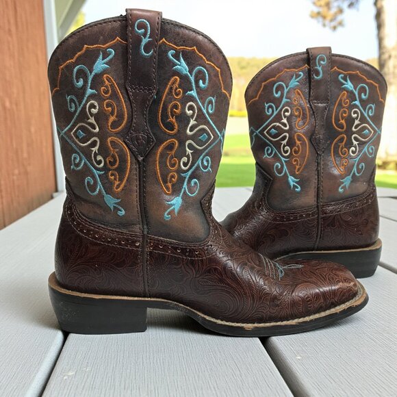 Ariat Shoes - Ariat Boots Women 8 Fatbaby Brown Teal Embroidered Floral Square Toe Western